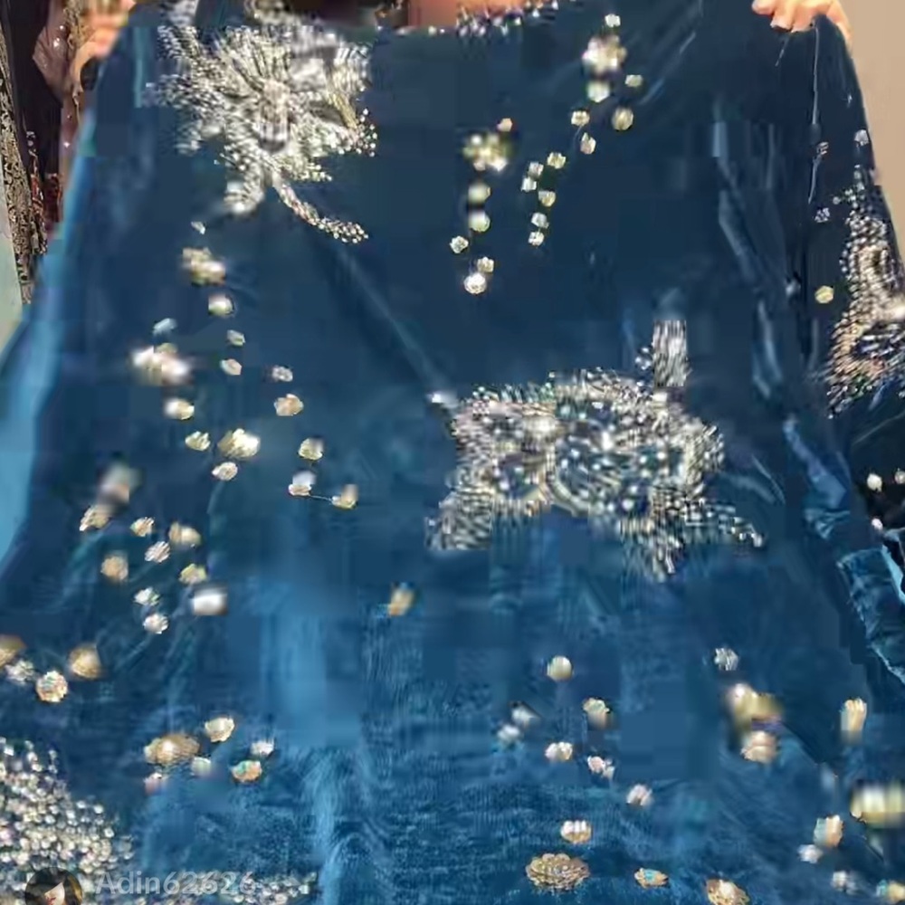 Elegant Blue Velvet Embellished Fabric